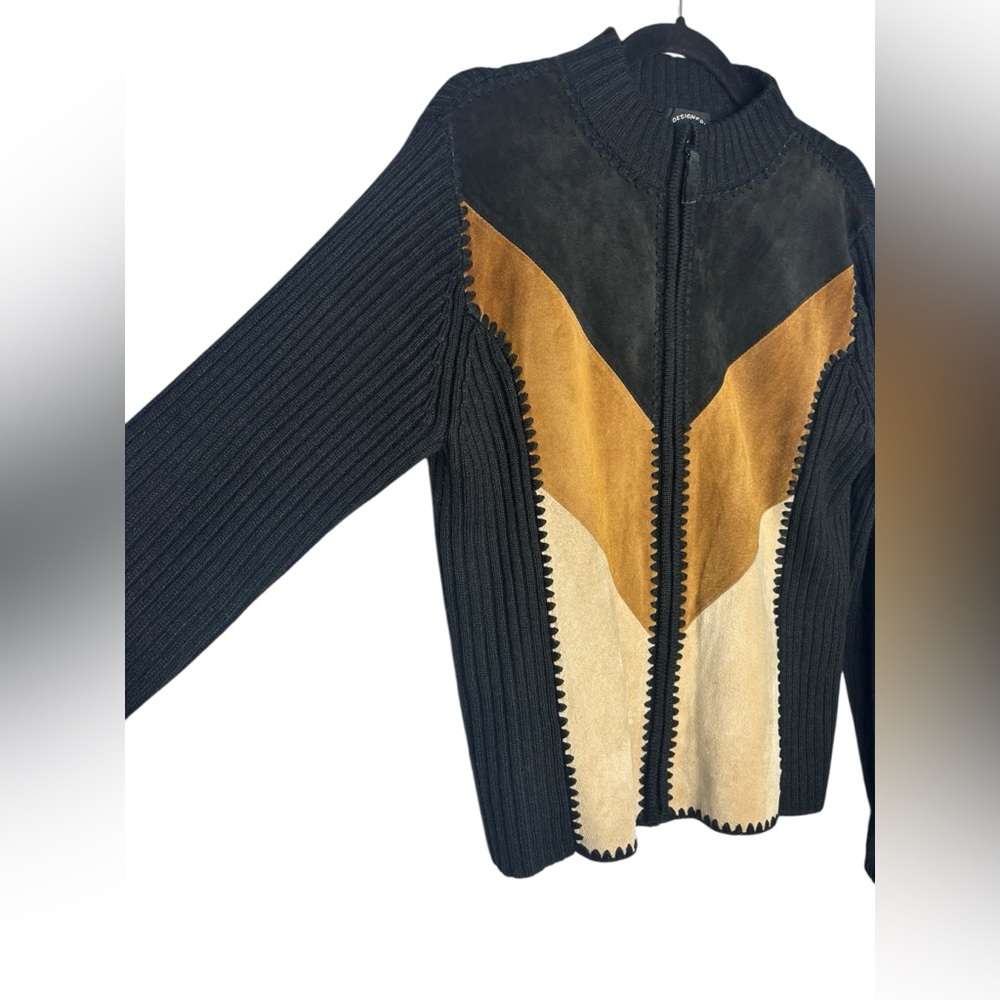 Vtg. Designer Studio Orig. Patchwork Suede Leather-Knit Zip Up Jacket Sweater M - Picture 2 of 10